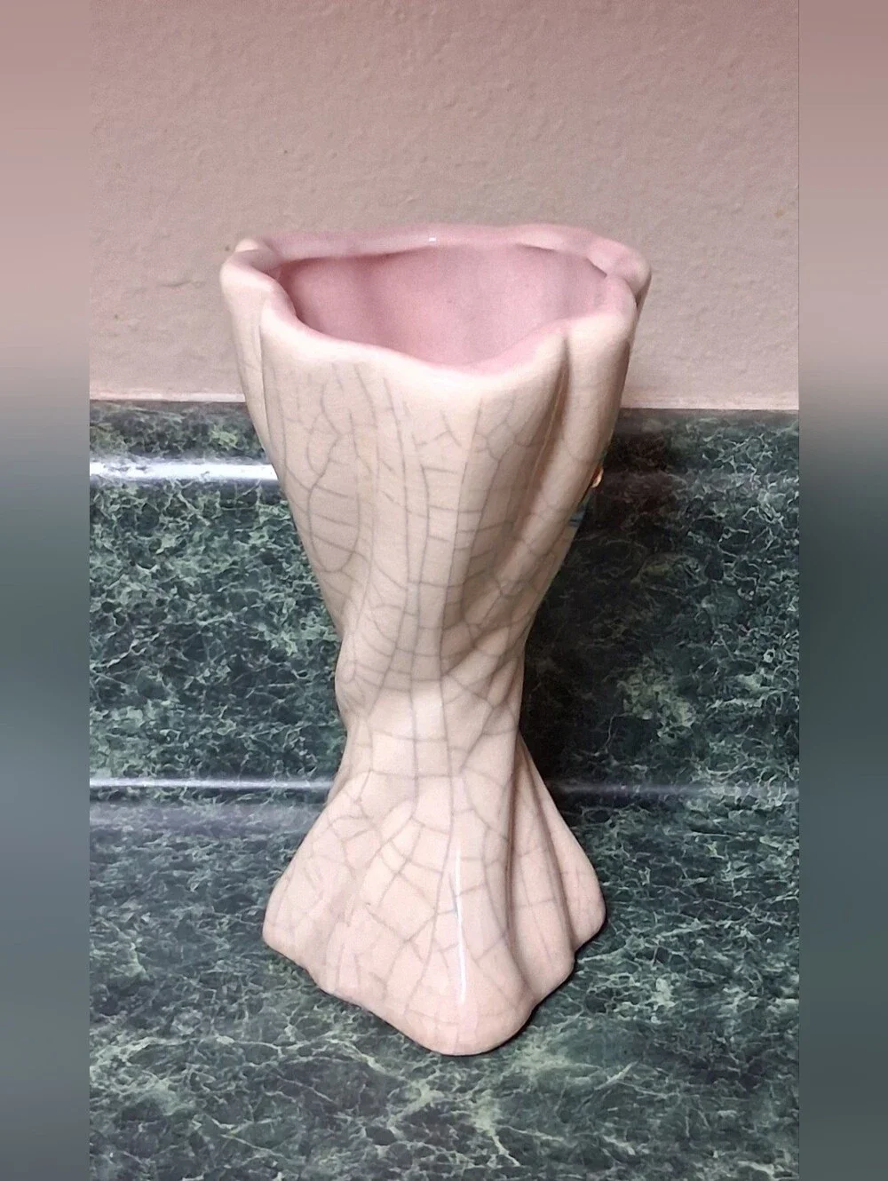 Vintage Gonder USA Pottery Vase Crackle Glaze, Pink Lining B-64